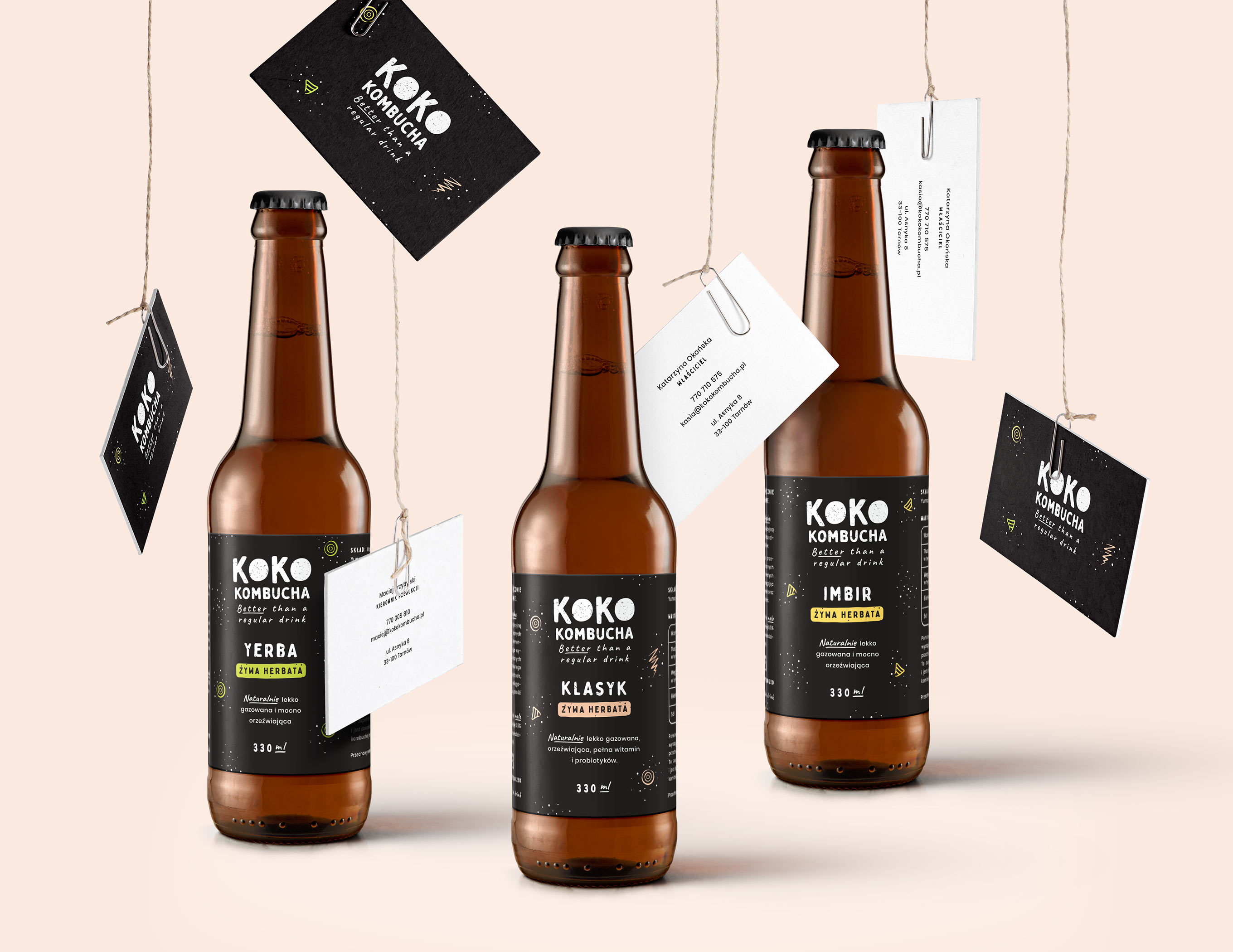 KOKO Kombucha - Prezentacja Etykiet Butelek i Wizytówek